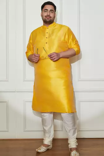 yellow silk blend kurta pyjama set