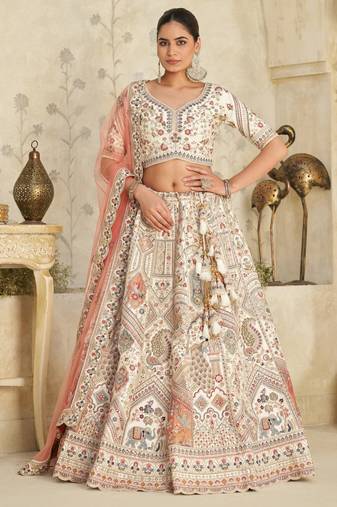 Intricately Embroidered Cream Zari Lehenga with Royal Motifs