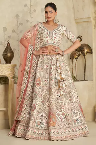 Intricately Embroidered Cream Zari Lehenga with Royal Motifs