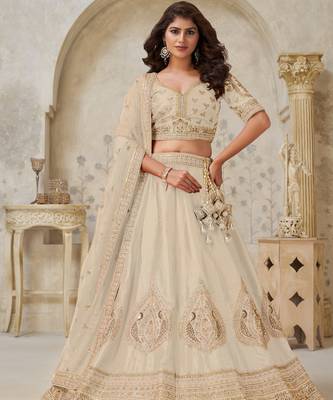Elegant Beige Ivory color Wedding Lehenga with Leaf Embroidery 1