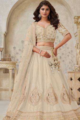 Elegant Beige Ivory color Wedding Lehenga with Leaf Embroidery
