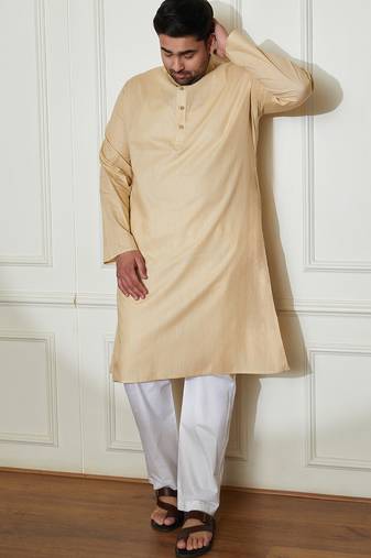 beige and white cotton linen kurta pyjama set