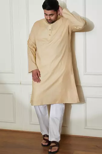 beige and white cotton linen kurta pyjama set