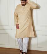 beige and white cotton linen kurta pyjama set