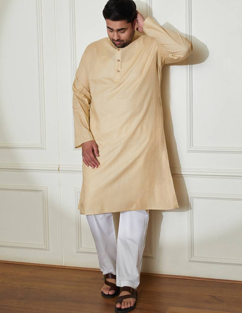 beige and white cotton linen kurta pyjama set
