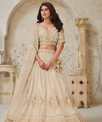Elegant Beige Ivory color Wedding Lehenga with Leaf Embroidery 2