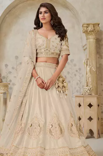 Elegant Beige Ivory color Wedding Lehenga with Leaf Embroidery