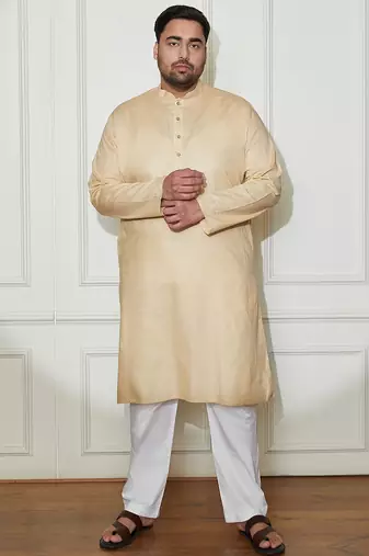 beige and white cotton linen kurta pyjama set