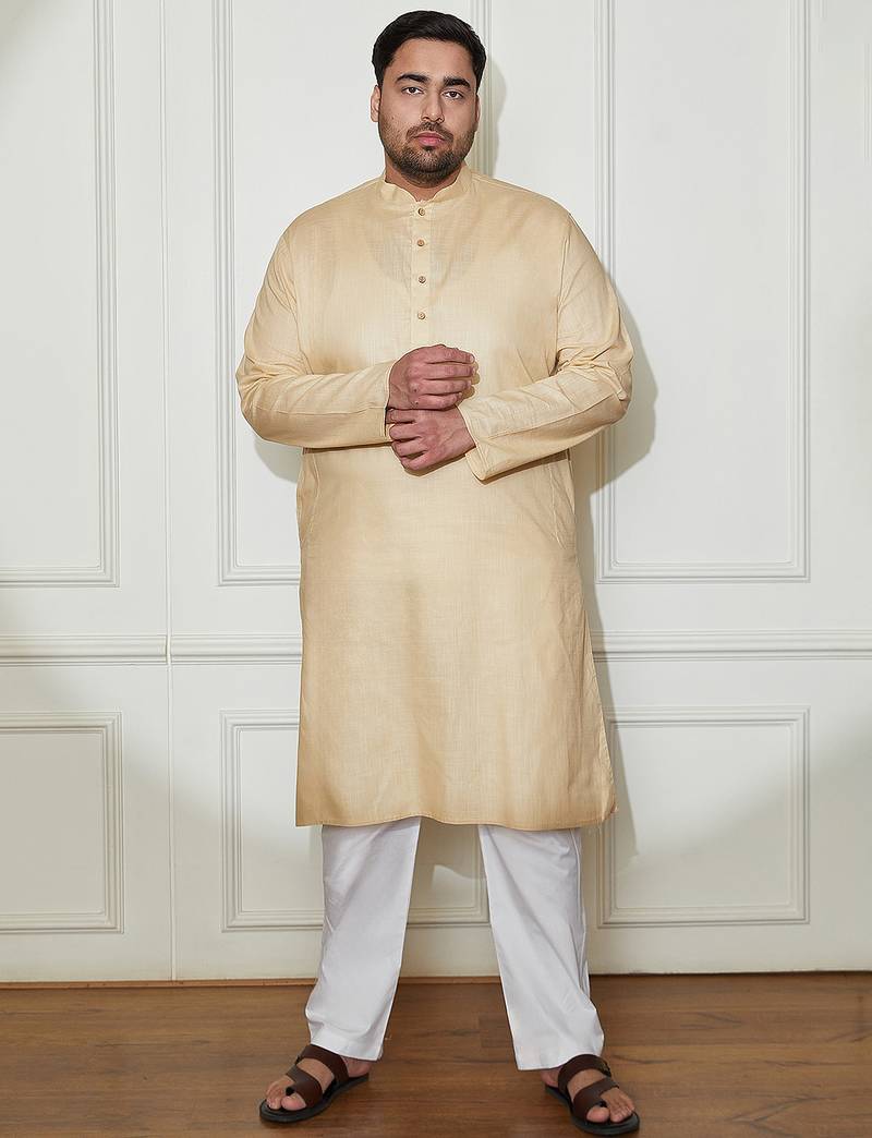beige and white cotton linen kurta pyjama set