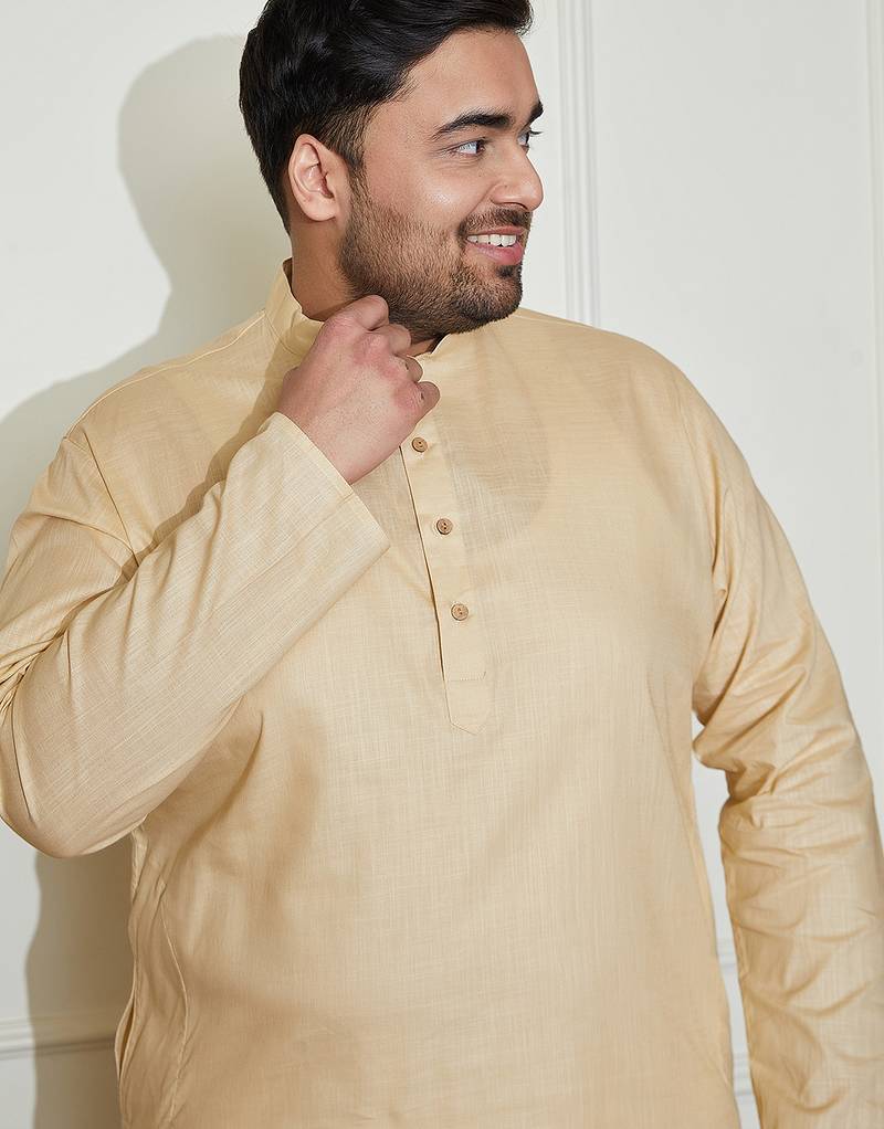 beige and white cotton linen kurta pyjama set