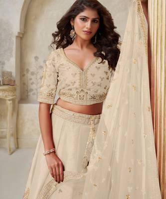 Elegant Beige Ivory color Wedding Lehenga with Leaf Embroidery 3