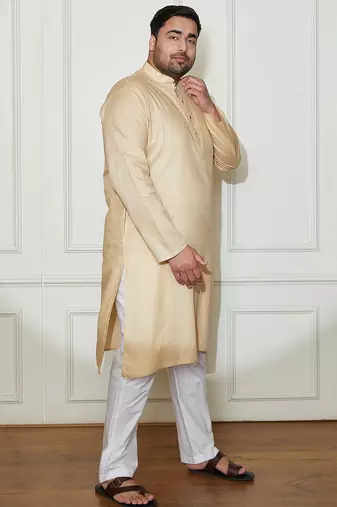 beige and white cotton linen kurta pyjama set