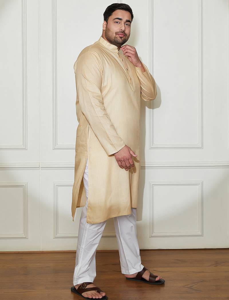 beige and white cotton linen kurta pyjama set