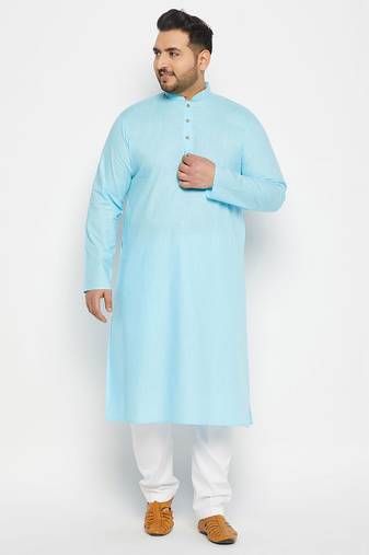 aqua blue and white cotton linen kurta pyjama set