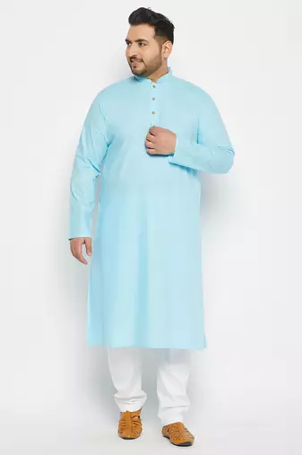 aqua blue and white cotton linen kurta pyjama set