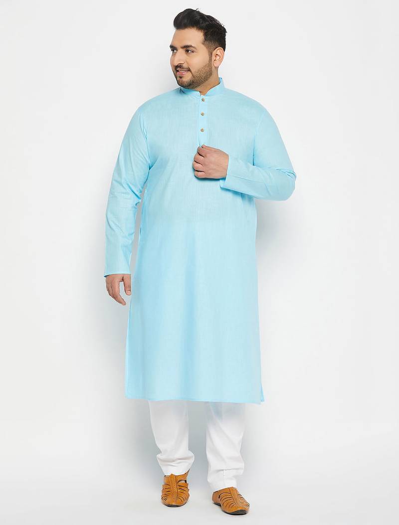 aqua blue and white cotton linen kurta pyjama set