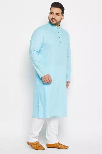aqua blue and white cotton linen kurta pyjama set