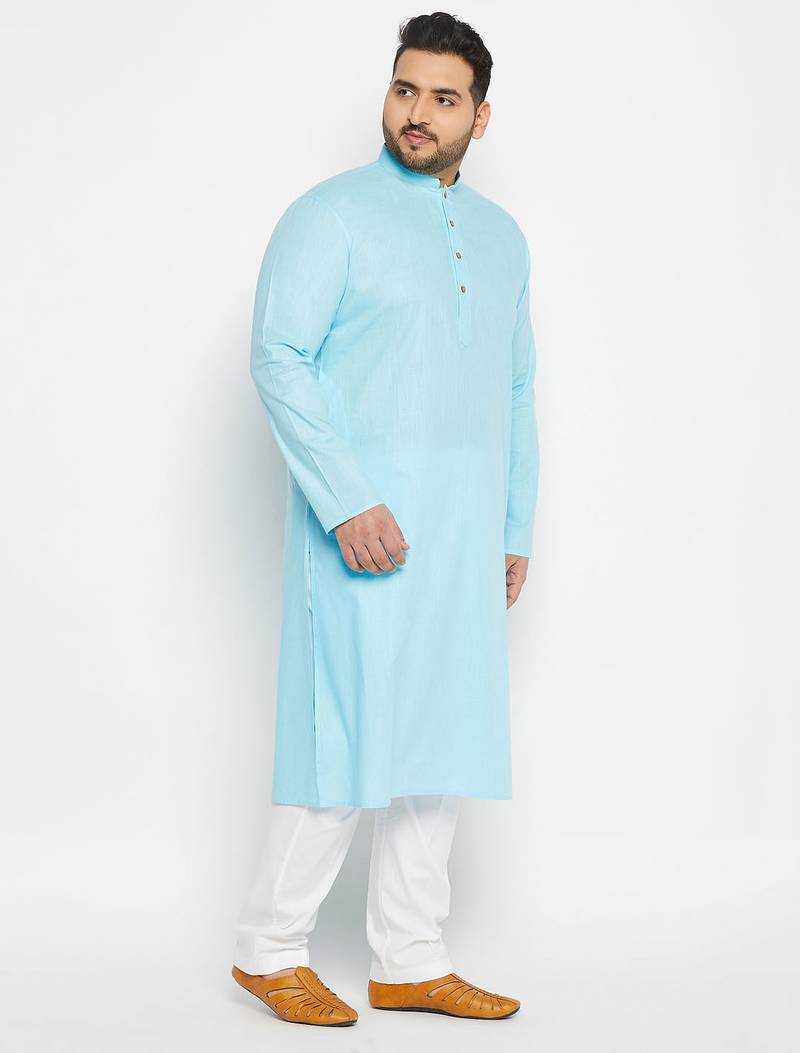 aqua blue and white cotton linen kurta pyjama set