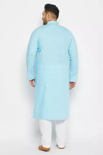 aqua blue and white cotton linen kurta pyjama set