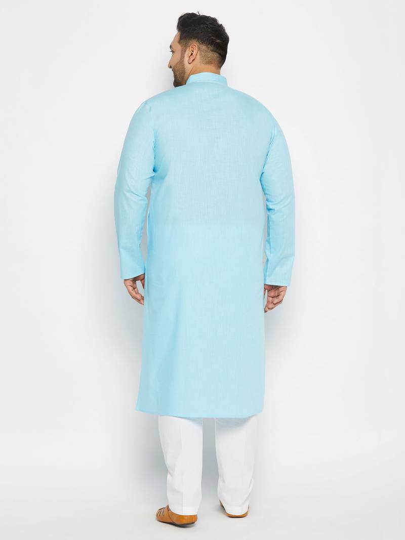 aqua blue and white cotton linen kurta pyjama set