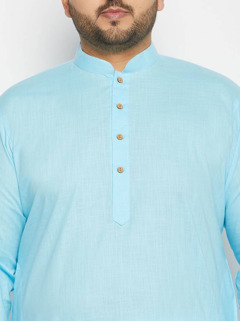 aqua blue and white cotton linen kurta pyjama set