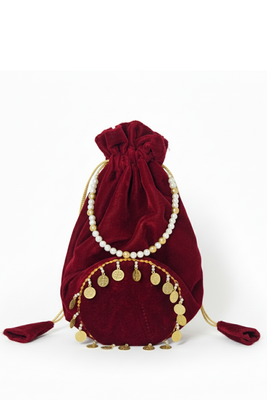 Maroon plain with sikka zumkha lace on bottom round potli 1