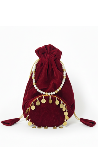 Maroon plain with sikka zumkha lace on bottom round potli