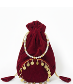 Maroon plain with sikka zumkha lace on bottom round potli