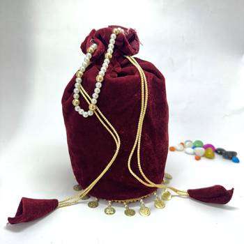 Maroon plain with sikka zumkha lace on bottom round potli 2