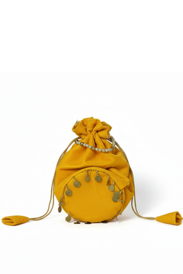 Yellow plain with sikka zumkha lace on bottom round potli 1