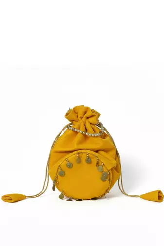 Yellow plain with sikka zumkha lace on bottom round potli