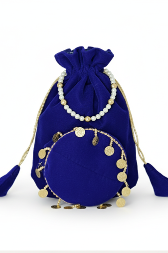 Neavy-blue plain with sikka zumkha lace on bottom round potli