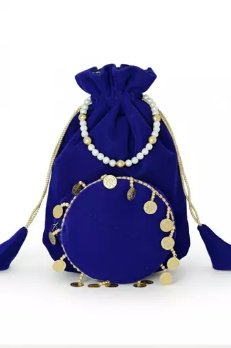 Neavy-blue plain with sikka zumkha lace on bottom round potli