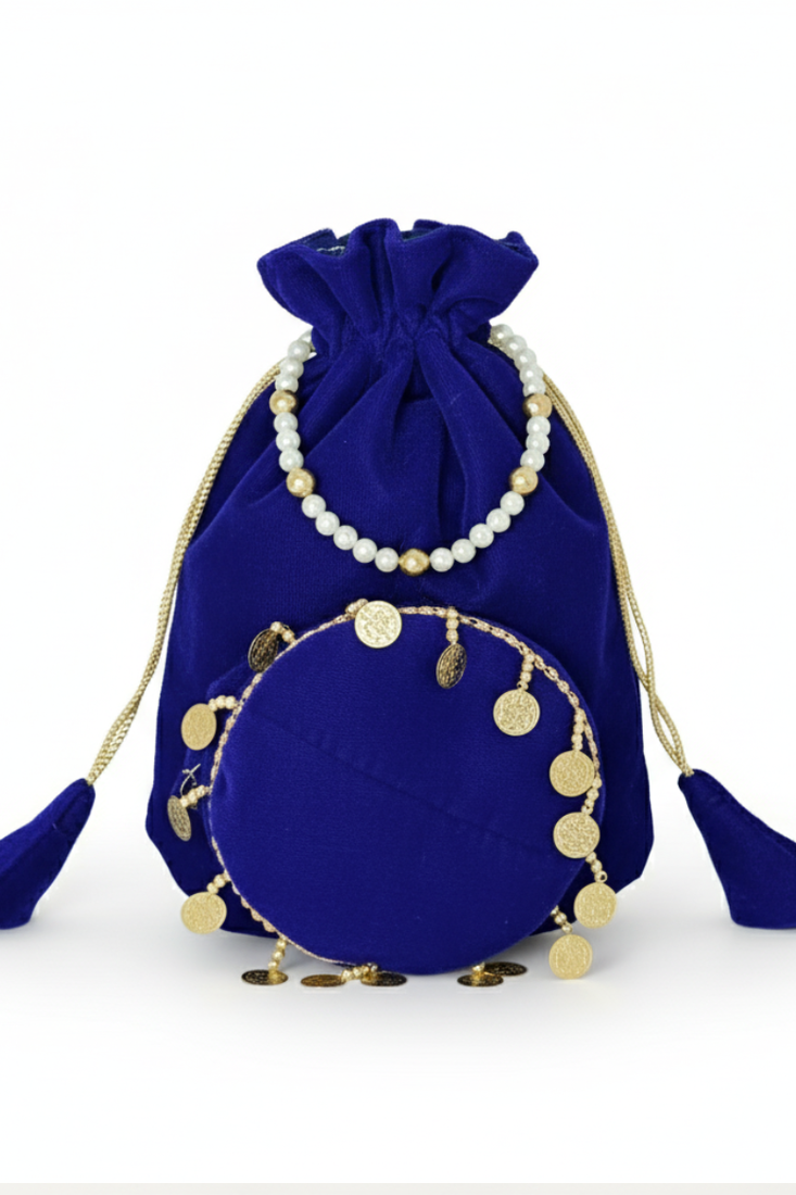 Neavy-blue plain with sikka zumkha lace on bottom round potli