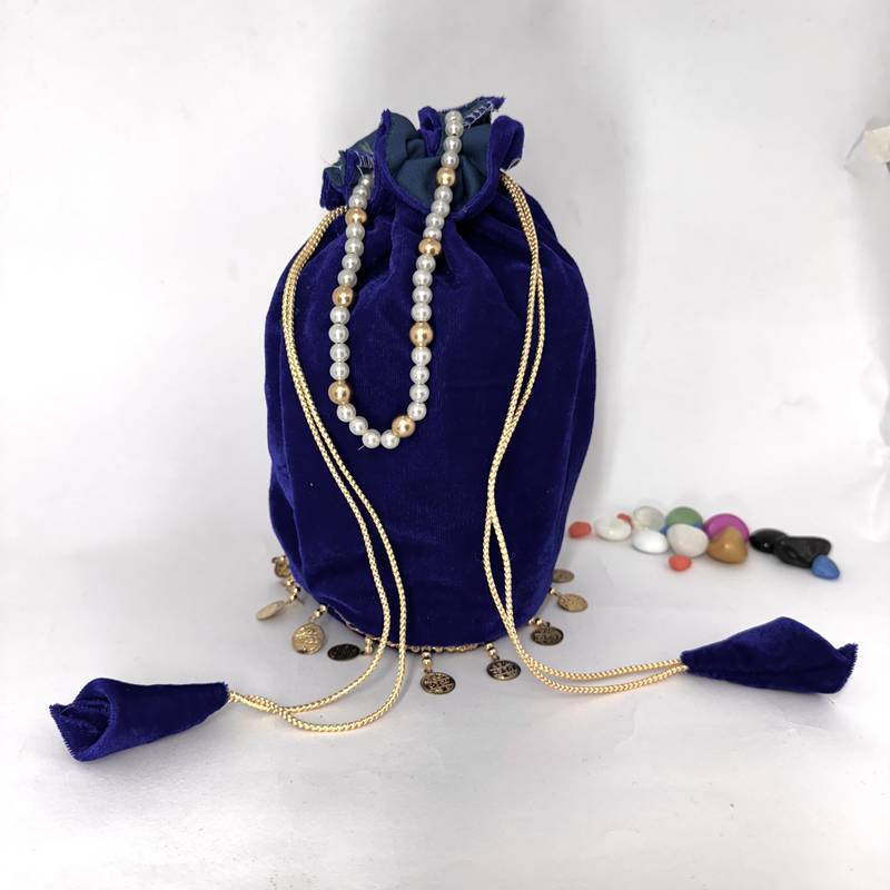 Neavy-blue plain with sikka zumkha lace on bottom round potli