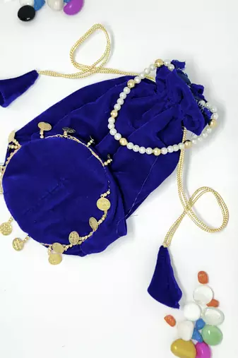 Neavy-blue plain with sikka zumkha lace on bottom round potli