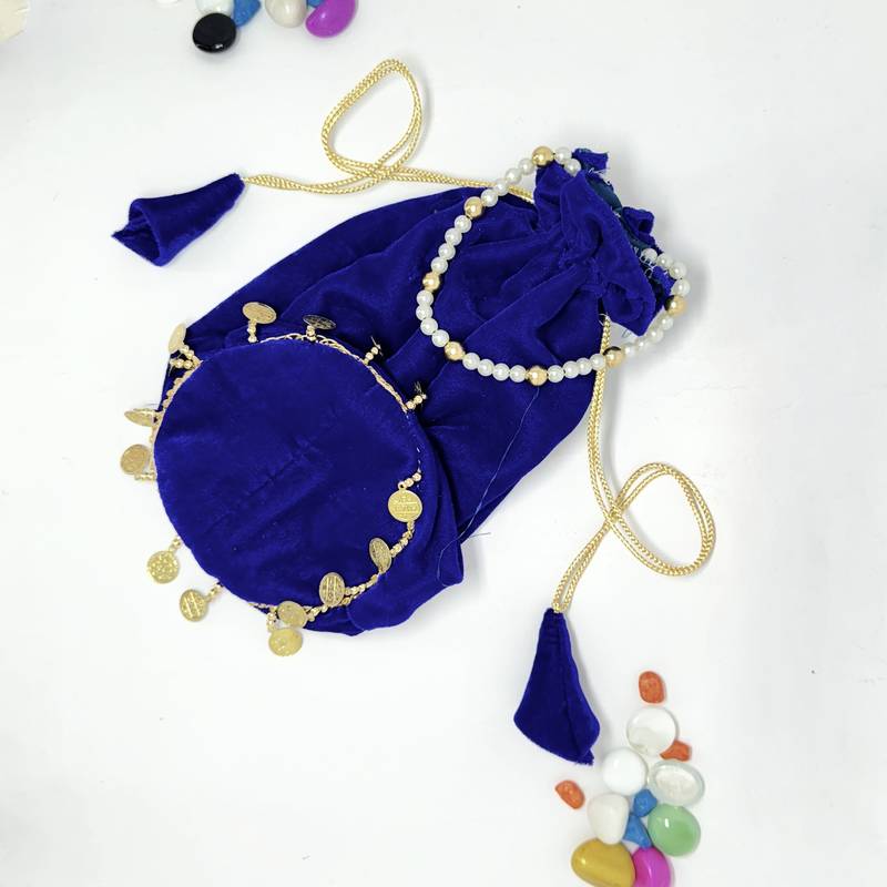 Neavy-blue plain with sikka zumkha lace on bottom round potli