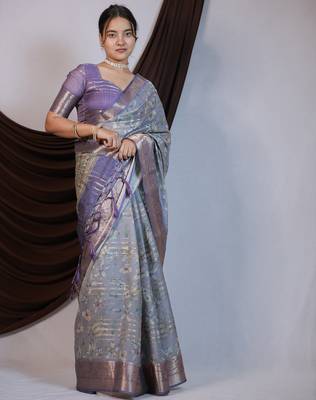 green floral print zari woven border crepe saree with unstiched blouse piece 1