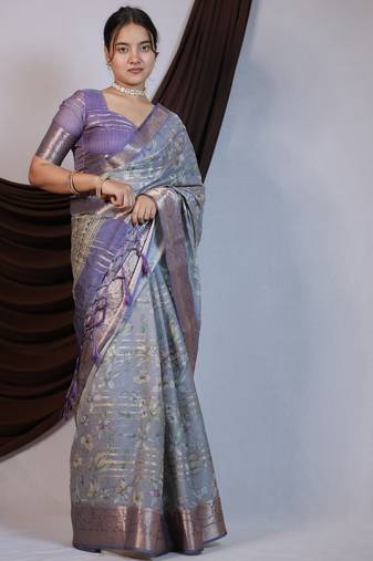 purple floral print zari woven border crepe saree with unstiched blouse piece