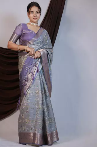 purple floral print zari woven border crepe saree with unstiched blouse piece