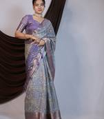 purple floral print zari woven border crepe saree with unstiched blouse piece