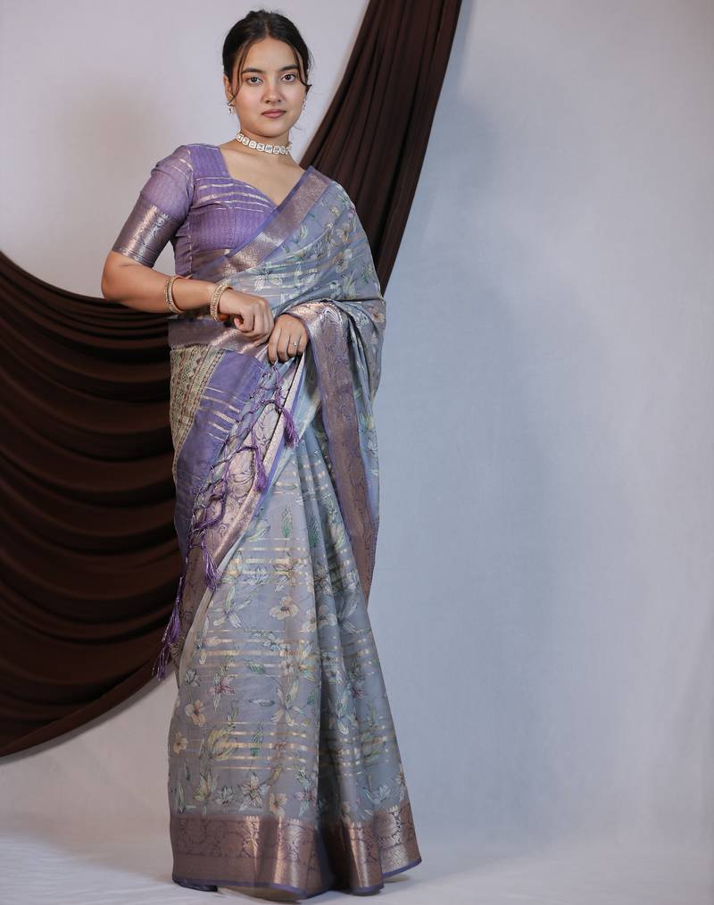purple floral print zari woven border crepe saree with unstiched blouse piece