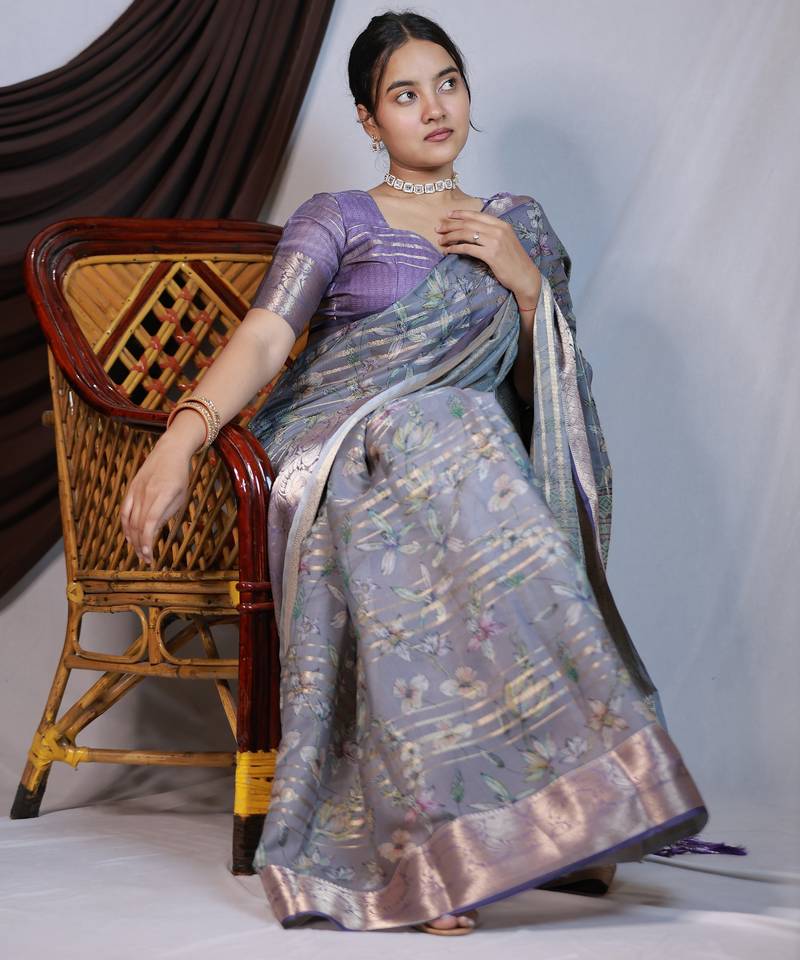 purple floral print zari woven border crepe saree with unstiched blouse piece