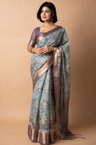 blue floral print zari woven border crepe saree with unstiched blouse piece