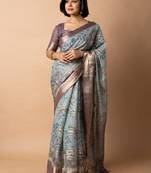 blue floral print zari woven border crepe saree with unstiched blouse piece