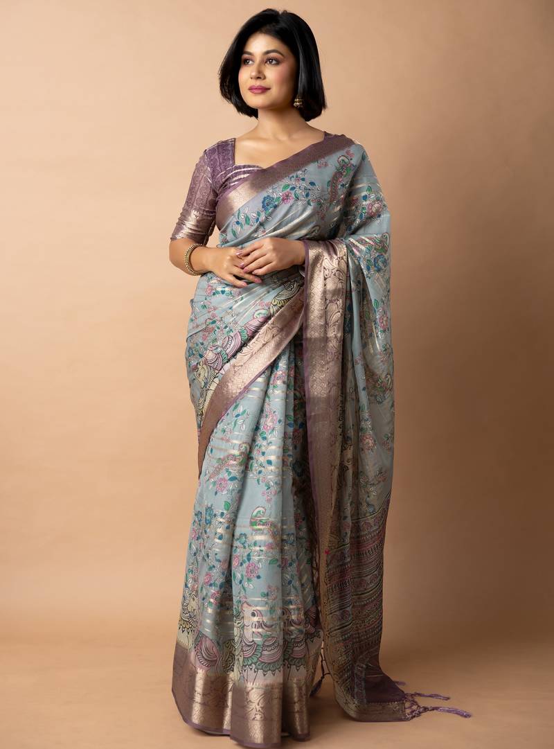 blue floral print zari woven border crepe saree with unstiched blouse piece