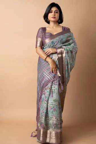 blue floral print zari woven border crepe saree with unstiched blouse piece