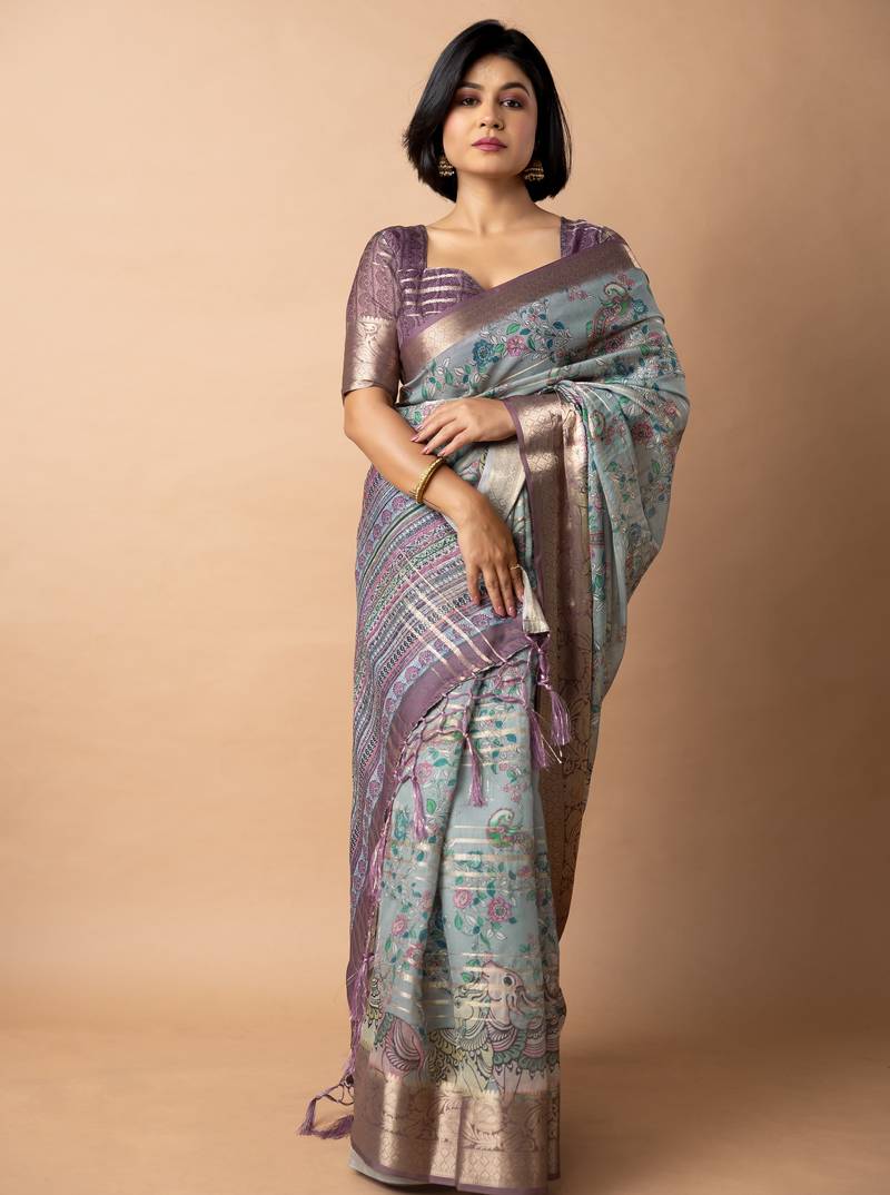 blue floral print zari woven border crepe saree with unstiched blouse piece