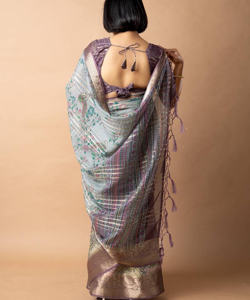 blue floral print zari woven border crepe saree with unstiched blouse piece
