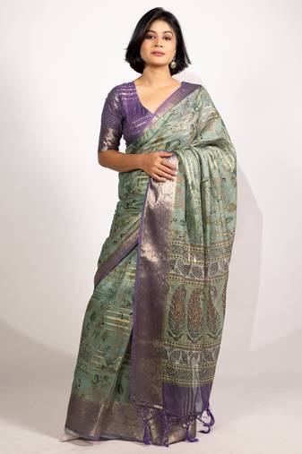 green floral print zari woven border crepe saree with unstiched blouse piece